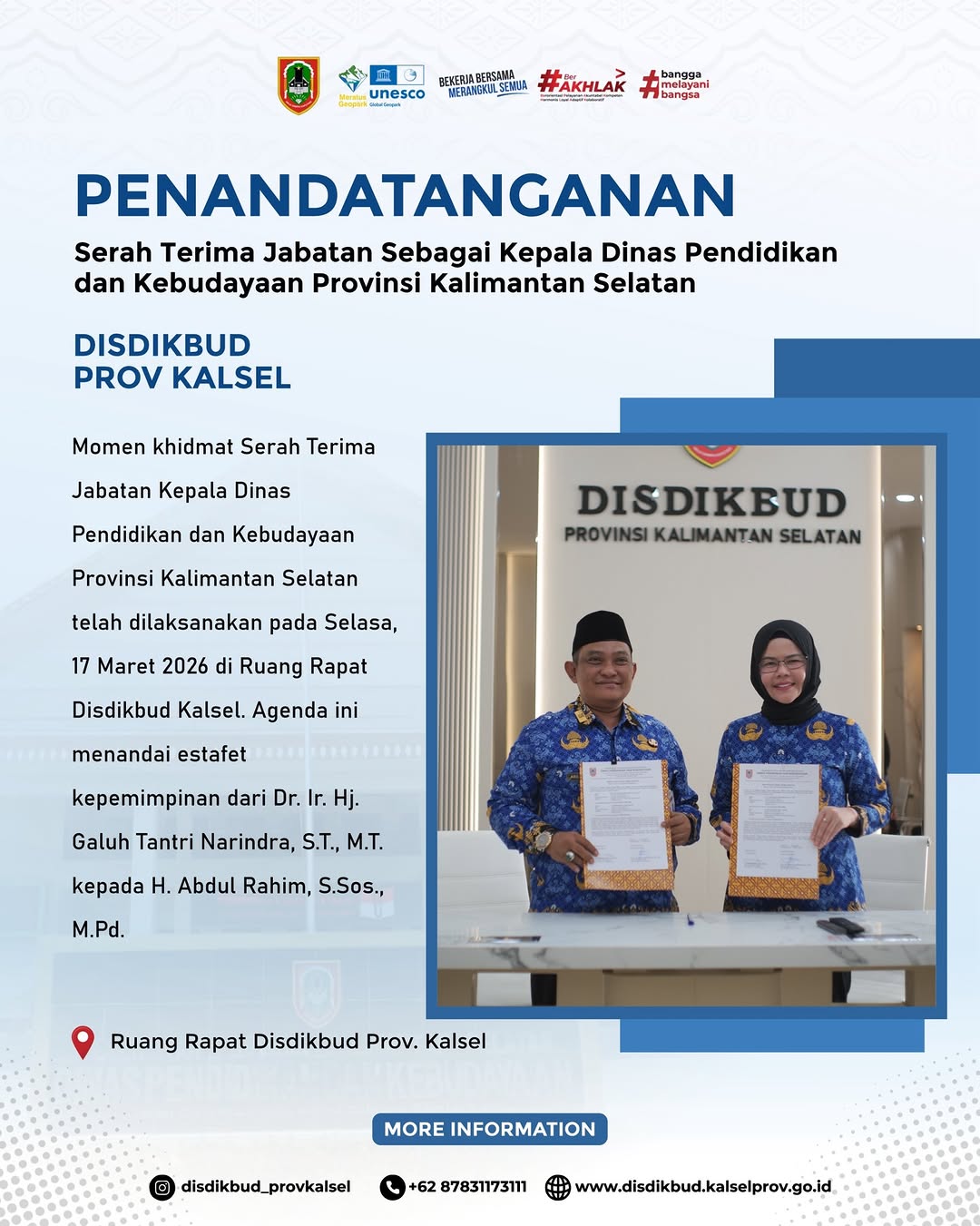 Penandatanganan Serah Terima Jabatan Sebagai Kepala Dinas Pendidikan dan Kebudayaan Provinsi Kalimantan Selatan