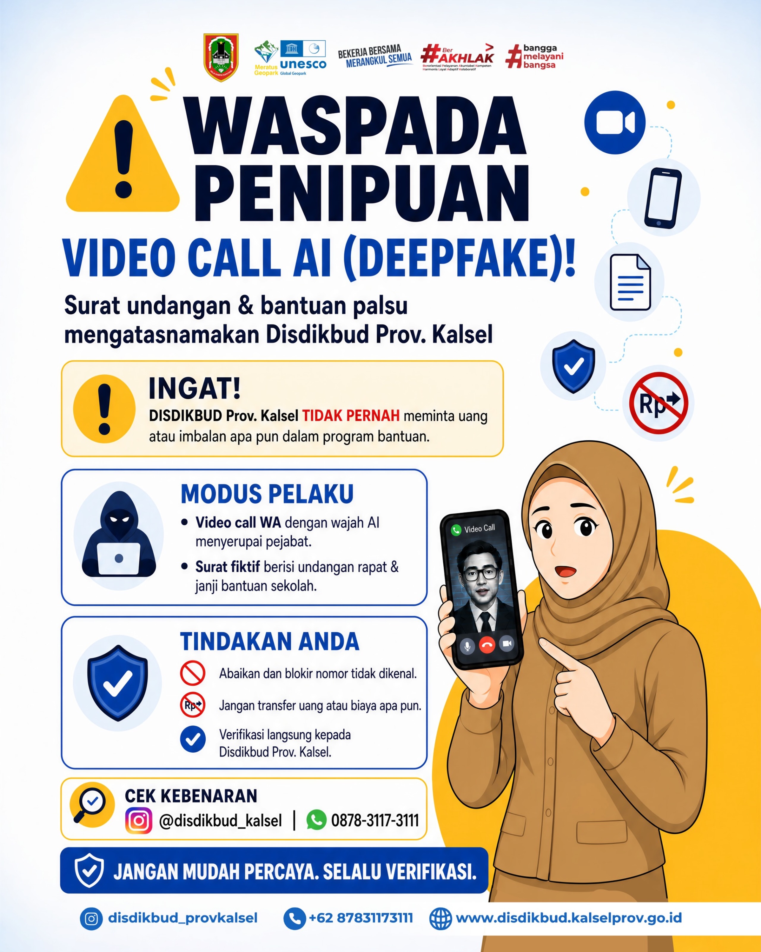WASPADA PENIPUAN VIDEO CALL AI (DEEPFAKE) ! Surat Undangan & Bantuan Palsu Mengatasnamakan Disdikbud Prov. Kalsel