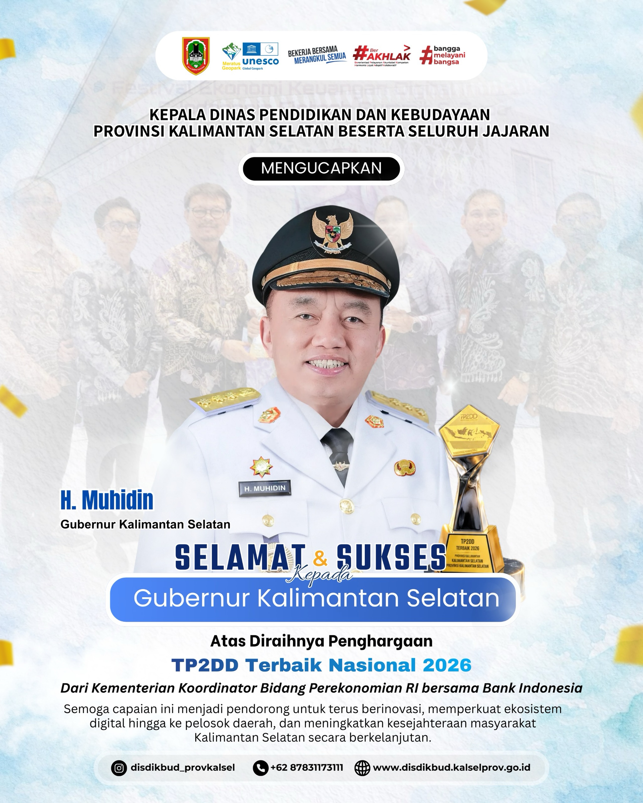 SELAMAT & SUKSES KEPADA GUBERNUR KALIMANTAN SELATAN ATAS DIRAIHNYA PENGHARGAAN TP2DD TERBAIK NASIONAL 2026